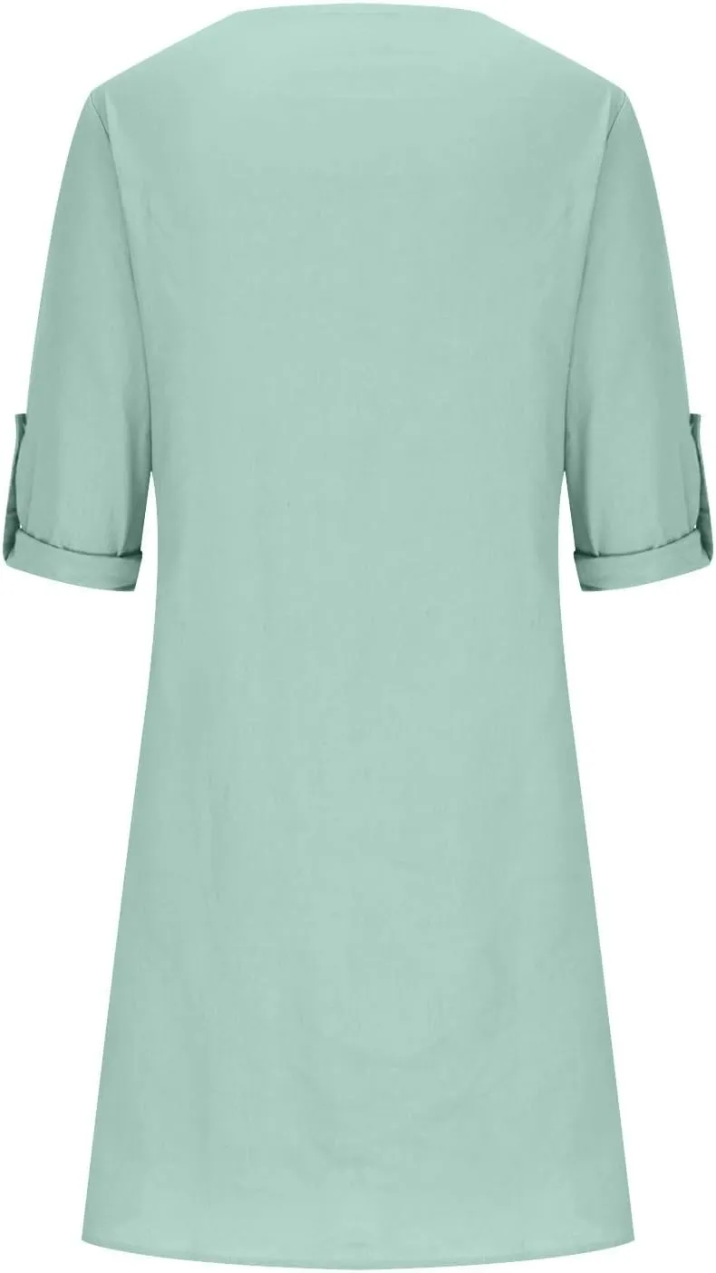 Womens Dresses Casual Loose Fit Cotton Linen Notch V Neck Mini Dress Summer Long Sleeve Going Out Dress for Ladies