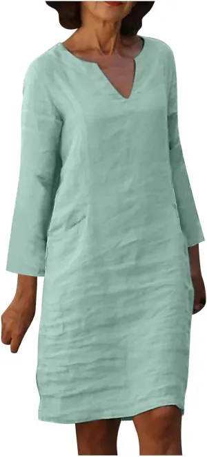 Womens Dresses Casual Loose Fit Cotton Linen Notch V Neck Mini Dress Summer Long Sleeve Going Out Dress for Ladies