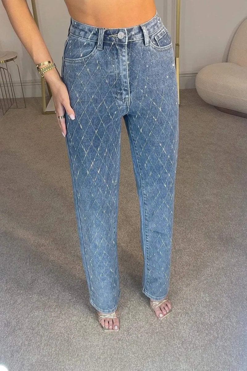 Women's Elegant And Fashionable Diamond Denim Trousers