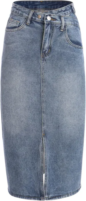 Women's Elegant High Waist Button Split Hem Skirts Long A Line Bodycon Denim Jean Skirts