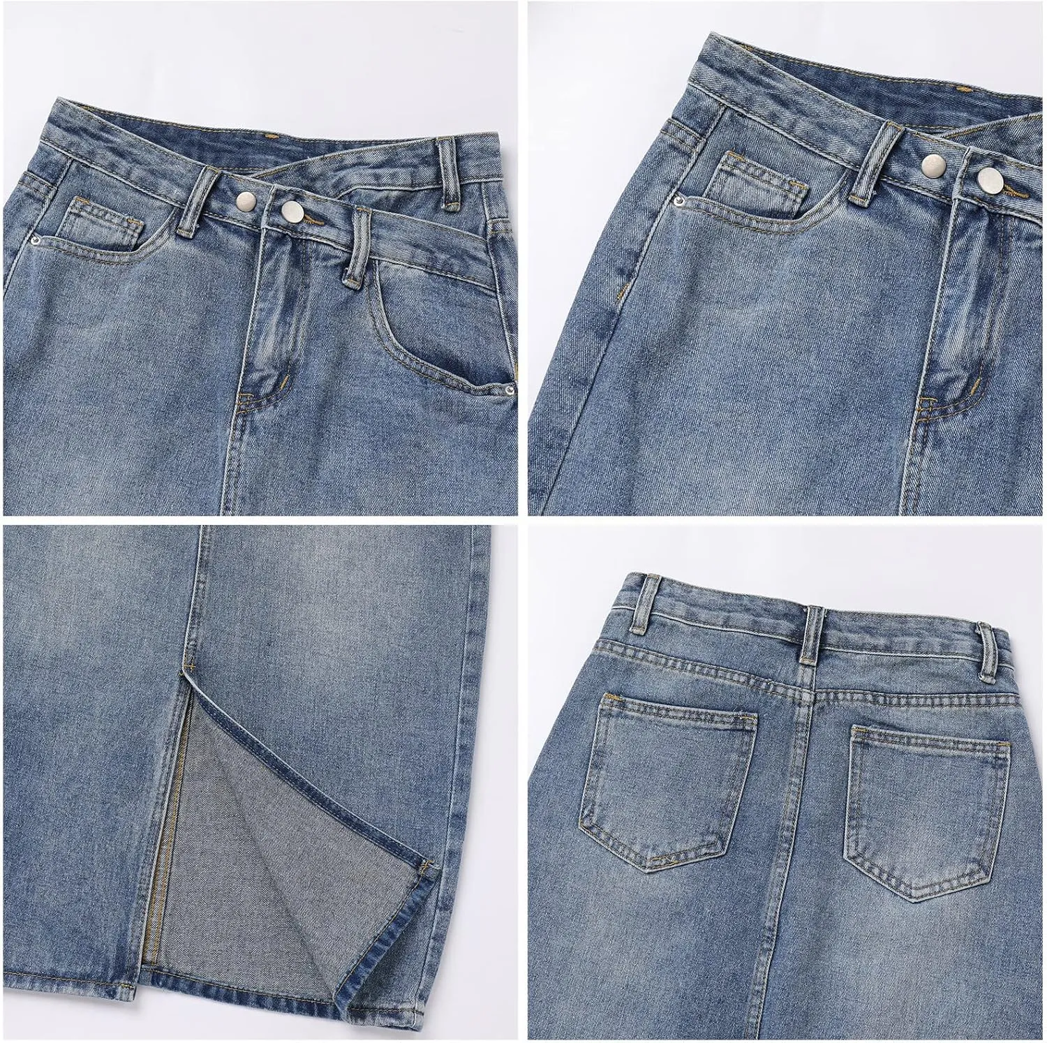 Women's Elegant High Waist Button Split Hem Skirts Long A Line Bodycon Denim Jean Skirts