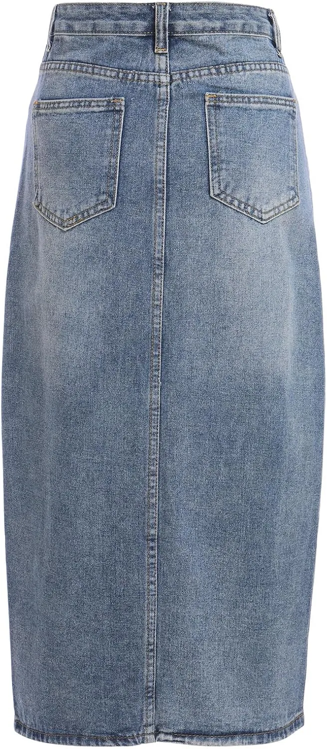Women's Elegant High Waist Button Split Hem Skirts Long A Line Bodycon Denim Jean Skirts
