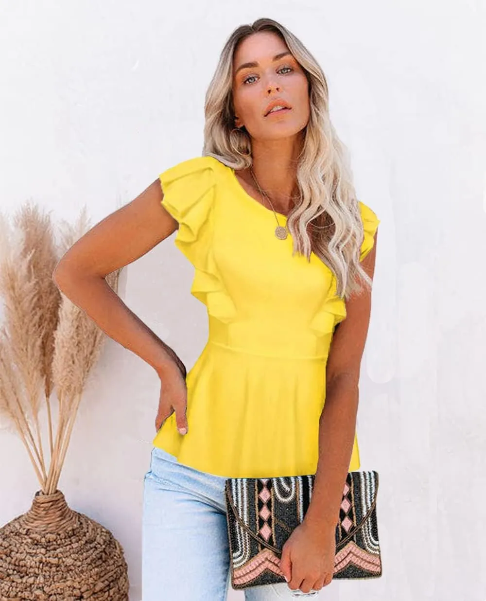 Women's Elegant Sleeveless Peplum Tops Summer Crewneck/Spaghetti Straps Cami Shirts S-3XL