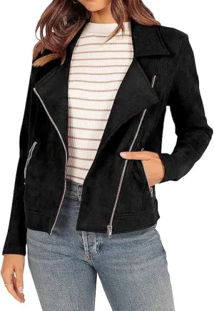 Women's Faux Suede Jacket 2024 Fall Long Sleeve Zipper Lapel Cropped Coat with Pockets Y2K Moto Jackets Outwear