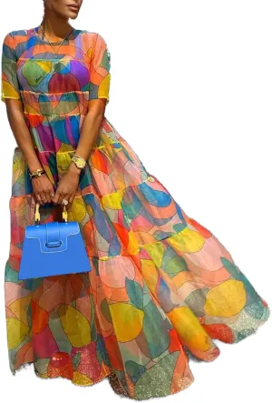 Womens Floral Sheer Mesh Flowy Maxi Dress Summer Casual Crew Neck Short Sleeve Dresses