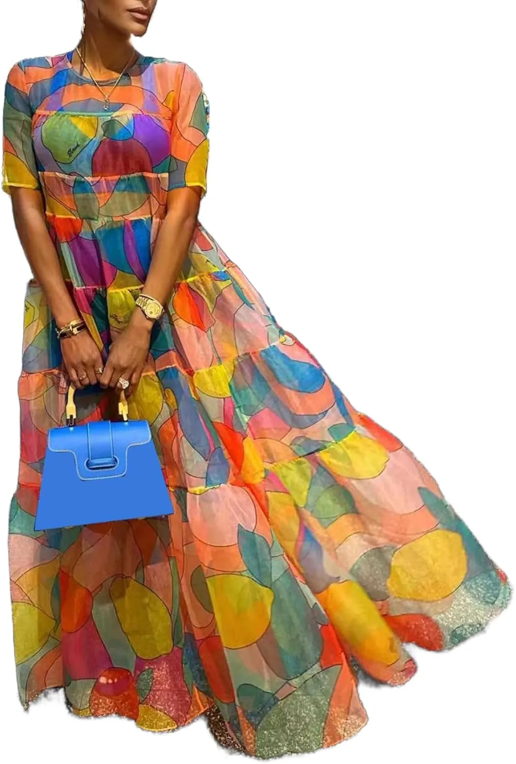 Womens Floral Sheer Mesh Flowy Maxi Dress Summer Casual Crew Neck Short Sleeve Dresses