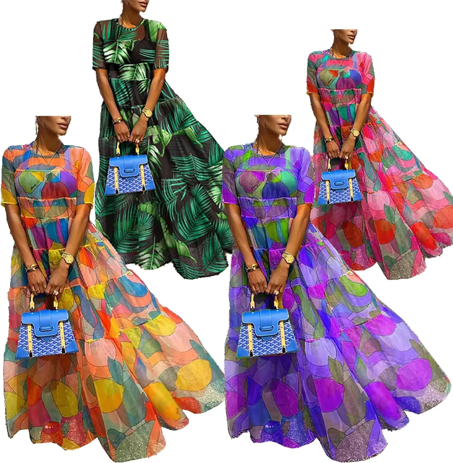 Womens Floral Sheer Mesh Flowy Maxi Dress Summer Casual Crew Neck Short Sleeve Dresses