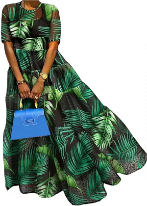 Womens Floral Sheer Mesh Flowy Maxi Dress Summer Casual Crew Neck Short Sleeve Dresses
