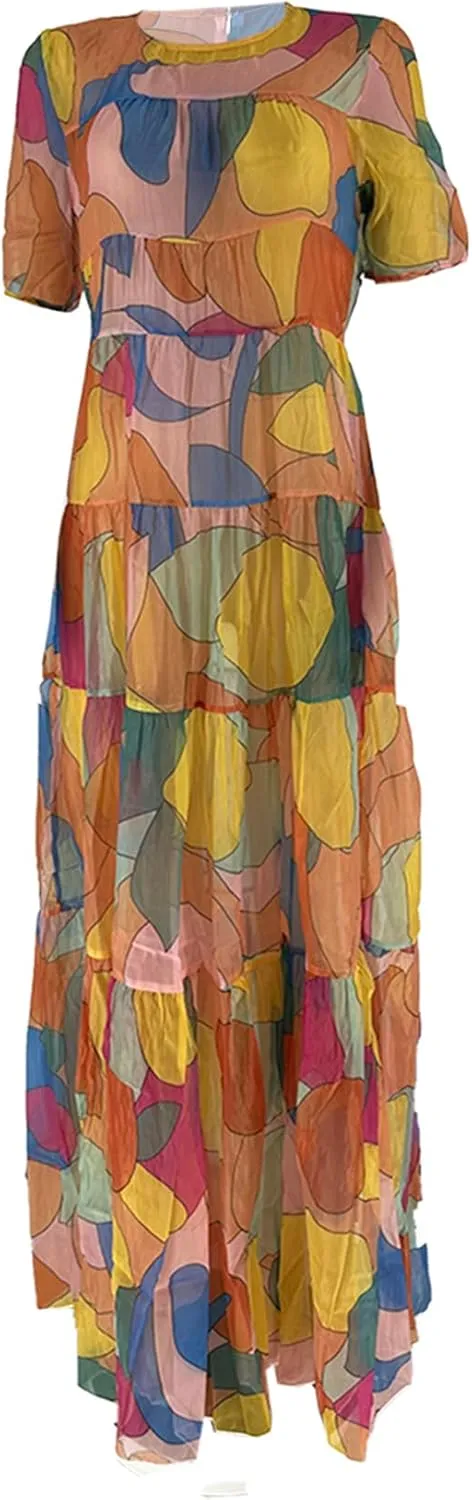 Womens Floral Sheer Mesh Flowy Maxi Dress Summer Casual Crew Neck Short Sleeve Dresses
