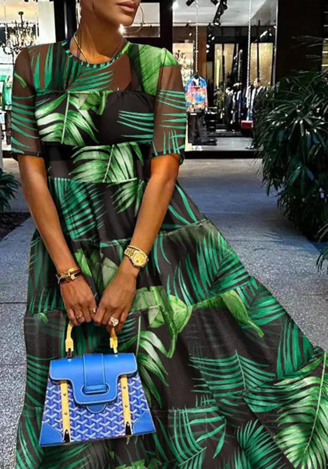 Womens Floral Sheer Mesh Flowy Maxi Dress Summer Casual Crew Neck Short Sleeve Dresses