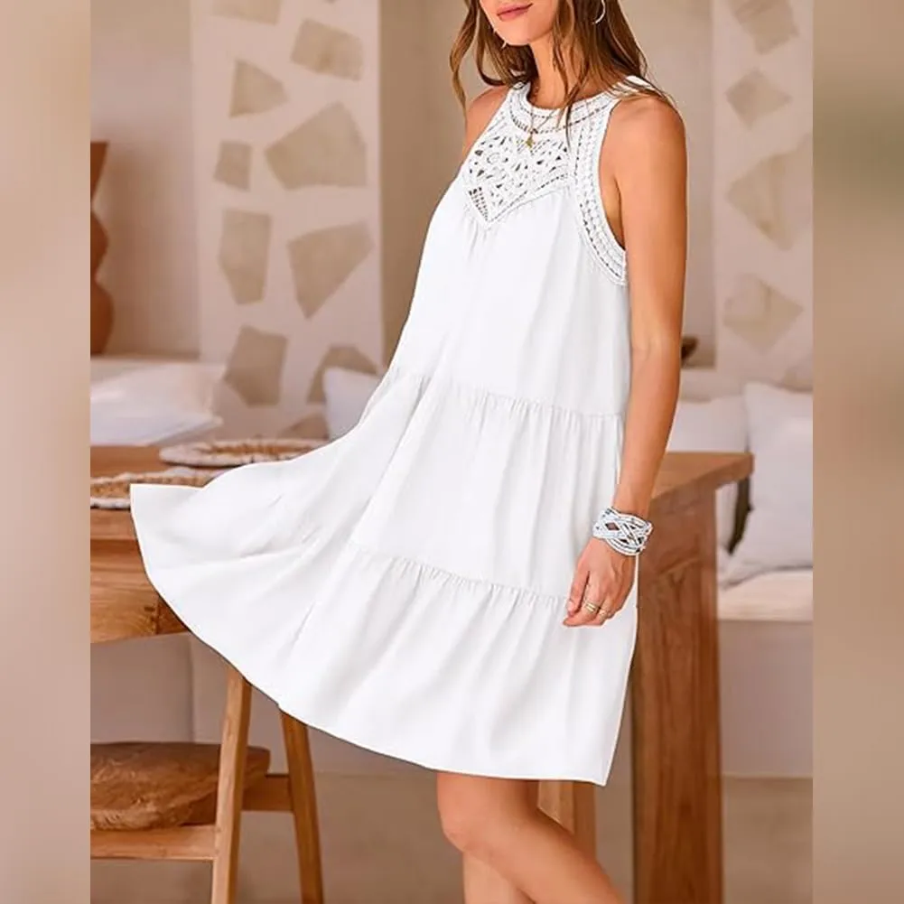 Women's Halter A-Line Tiered Swing Sundress Beach Vacation Mini Dress Sleeveless Summer Trendy Hollow Out Dresses Casual