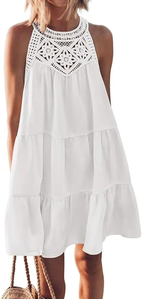 Women's Halter A-Line Tiered Swing Sundress Beach Vacation Mini Dress Sleeveless Summer Trendy Hollow Out Dresses Casual