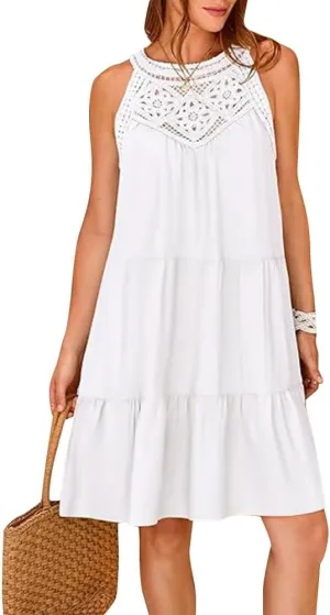 Women's Halter A-Line Tiered Swing Sundress Beach Vacation Mini Dress Sleeveless Summer Trendy Hollow Out Dresses Casual
