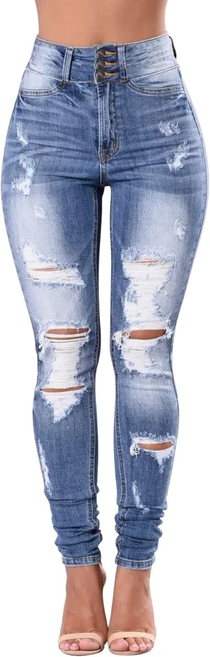 Women's High Waisted Butt Lift Stretch Ripped Skinny Jeans Juniors Distressed Button Down Jeans