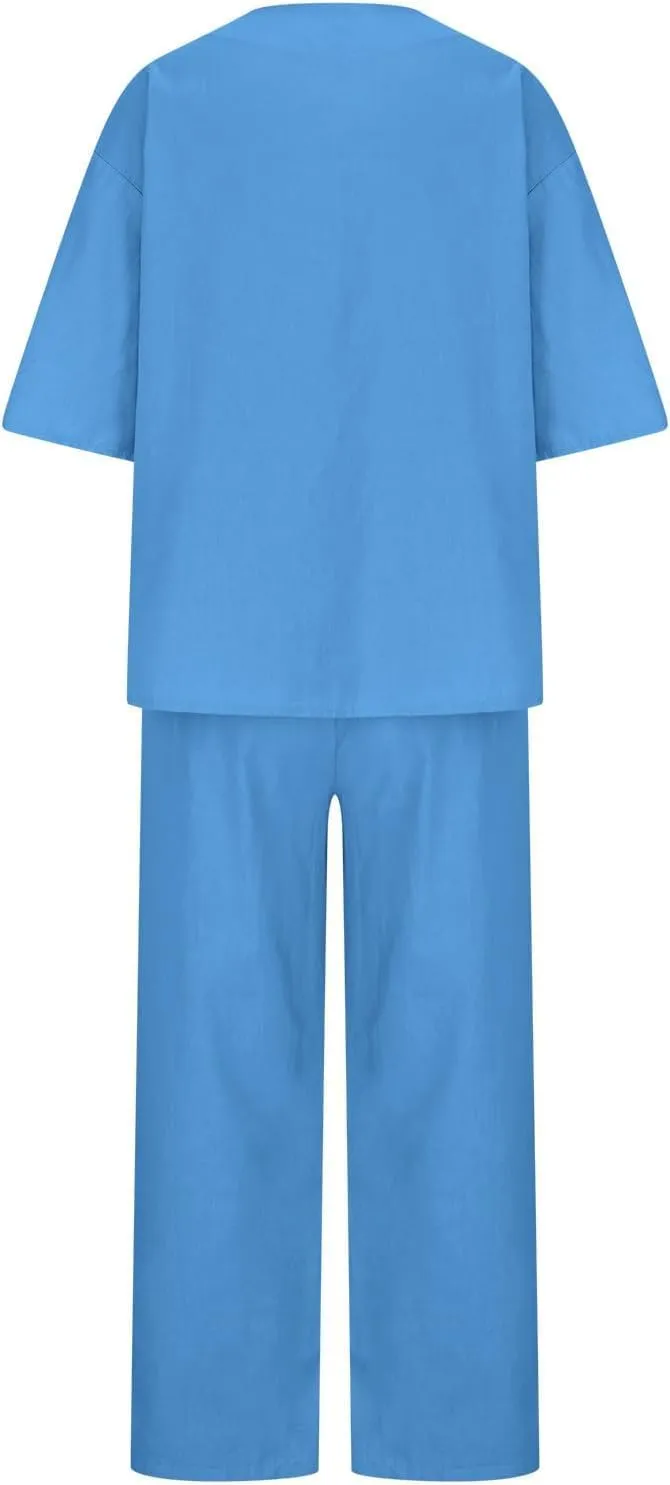 Womens Linen Top and Wide Leg Pants Suit 2 Pieces Summer Casual Elegant Outfit