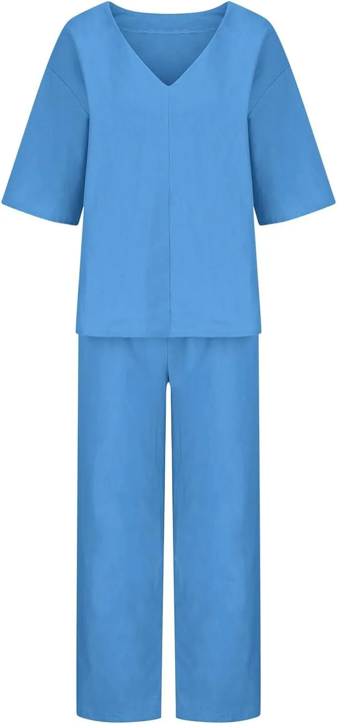 Womens Linen Top and Wide Leg Pants Suit 2 Pieces Summer Casual Elegant Outfit