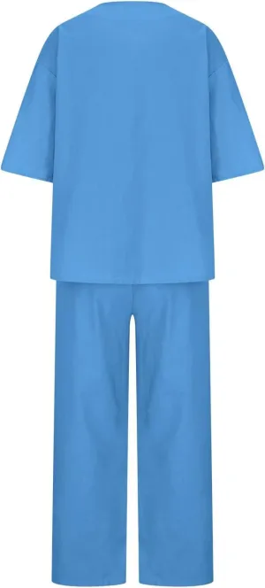 Womens Linen Top and Wide Leg Pants Suit 2 Pieces Summer Casual Elegant Outfit