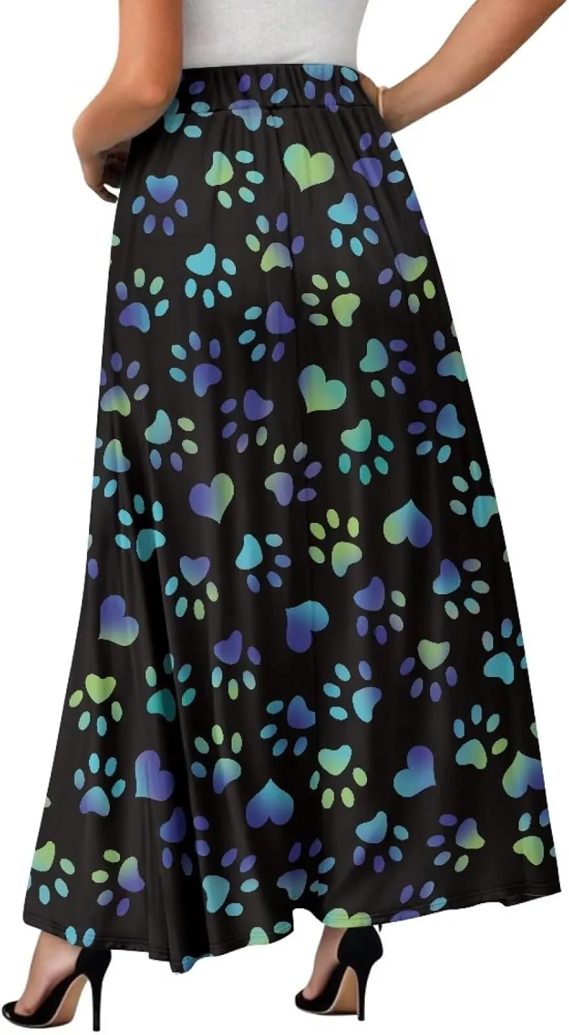 Womens Long Skirts Casual Hig Waisted Elastic Band A Line Ruffle Swing Skirt with Pockets Size S-2XL