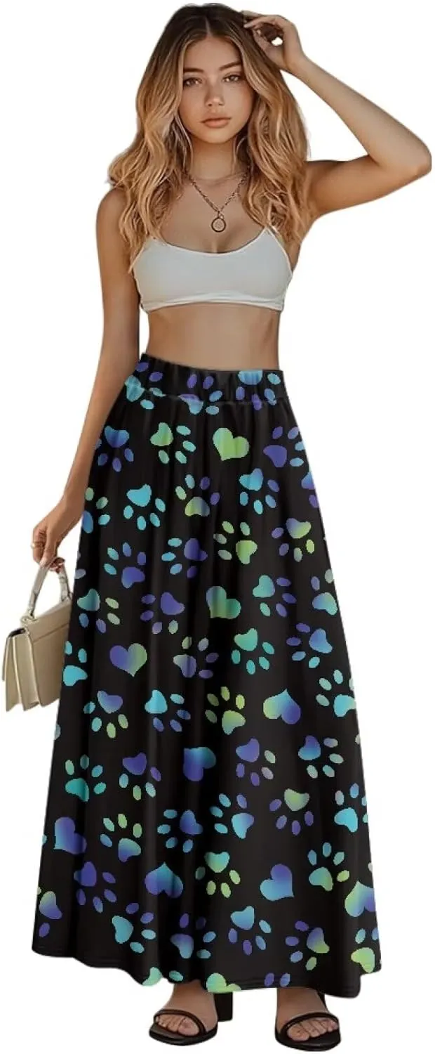 Womens Long Skirts Casual Hig Waisted Elastic Band A Line Ruffle Swing Skirt with Pockets Size S-2XL