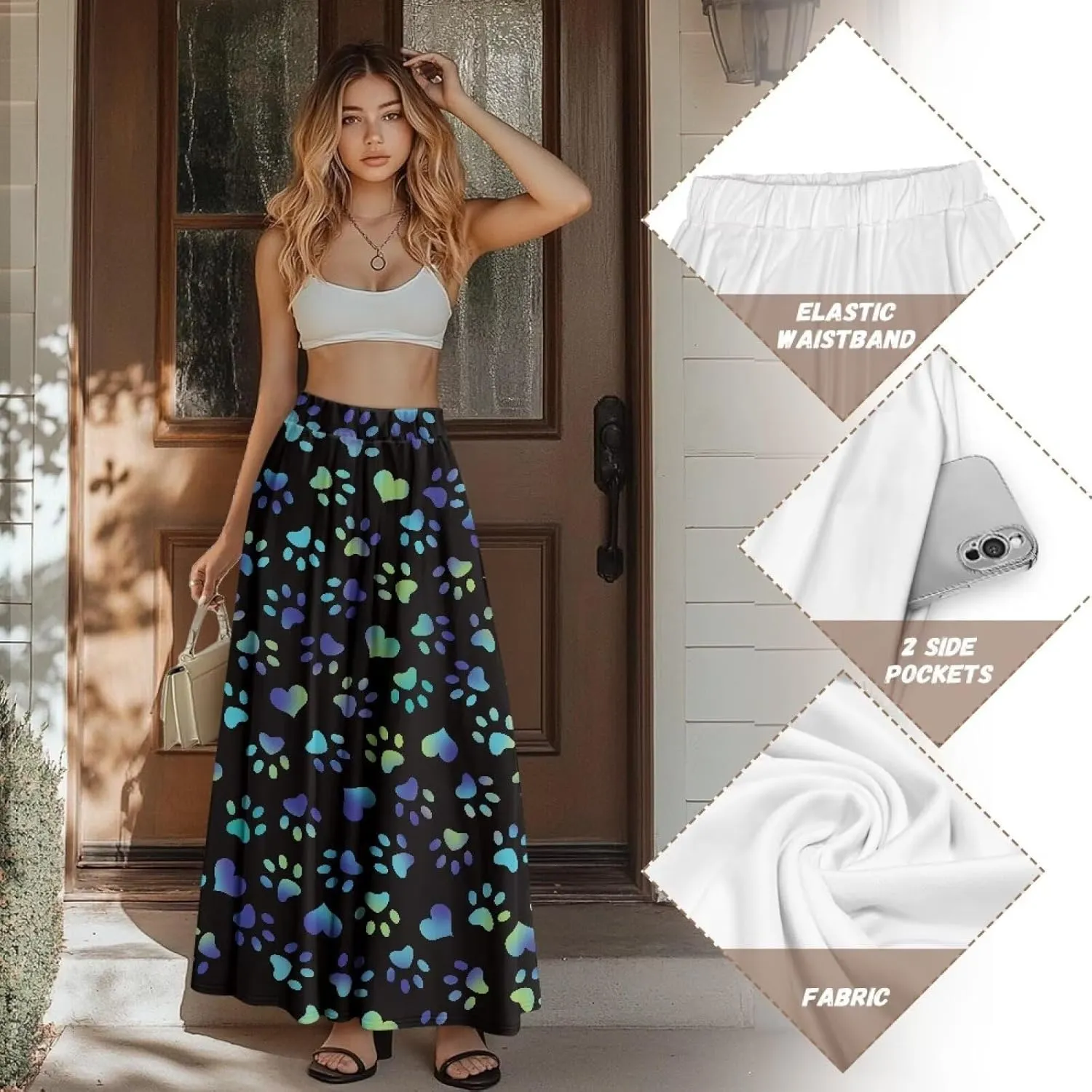 Womens Long Skirts Casual Hig Waisted Elastic Band A Line Ruffle Swing Skirt with Pockets Size S-2XL