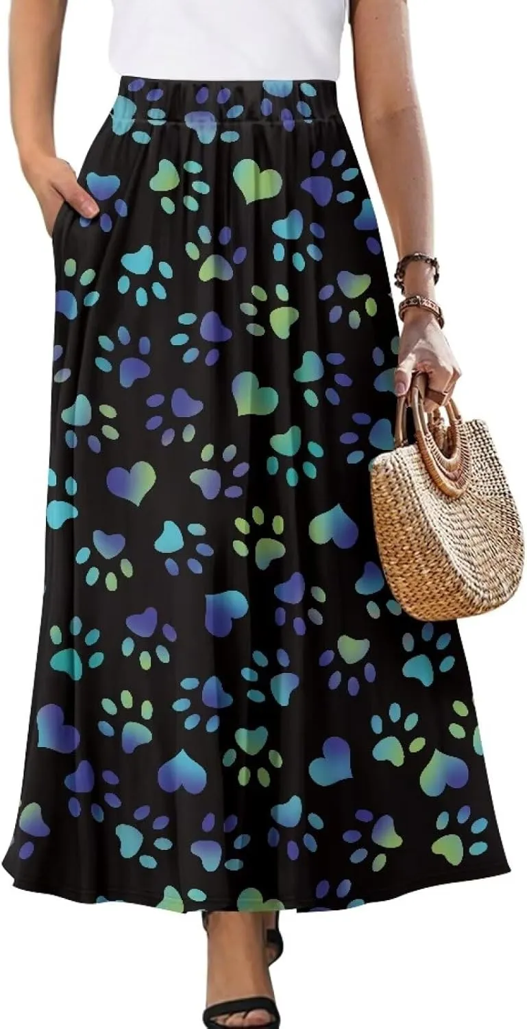 Womens Long Skirts Casual Hig Waisted Elastic Band A Line Ruffle Swing Skirt with Pockets Size S-2XL