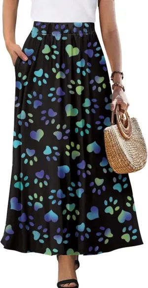 Womens Long Skirts Casual Hig Waisted Elastic Band A Line Ruffle Swing Skirt with Pockets Size S-2XL