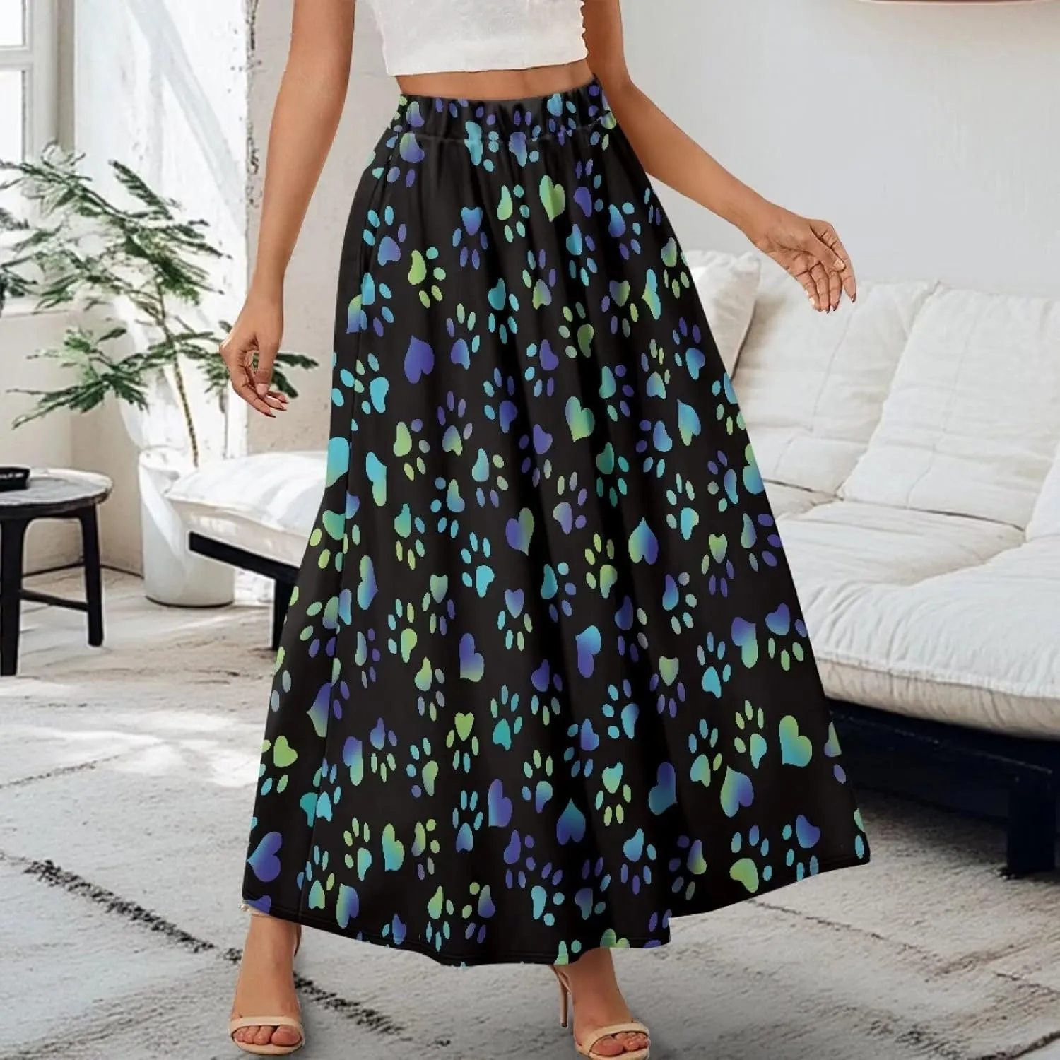 Womens Long Skirts Casual Hig Waisted Elastic Band A Line Ruffle Swing Skirt with Pockets Size S-2XL