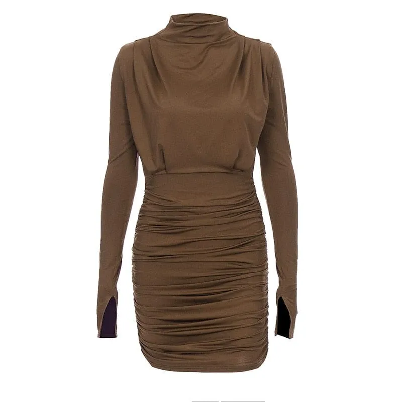 Women's New Long Sleeves Pleated Waist Collection Dress