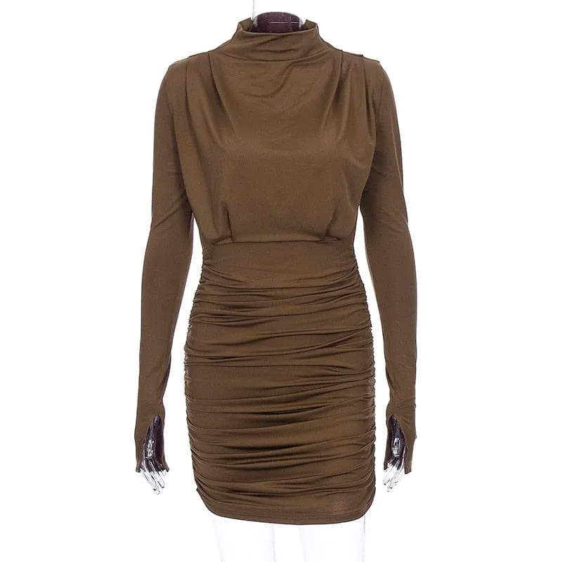 Women's New Long Sleeves Pleated Waist Collection Dress