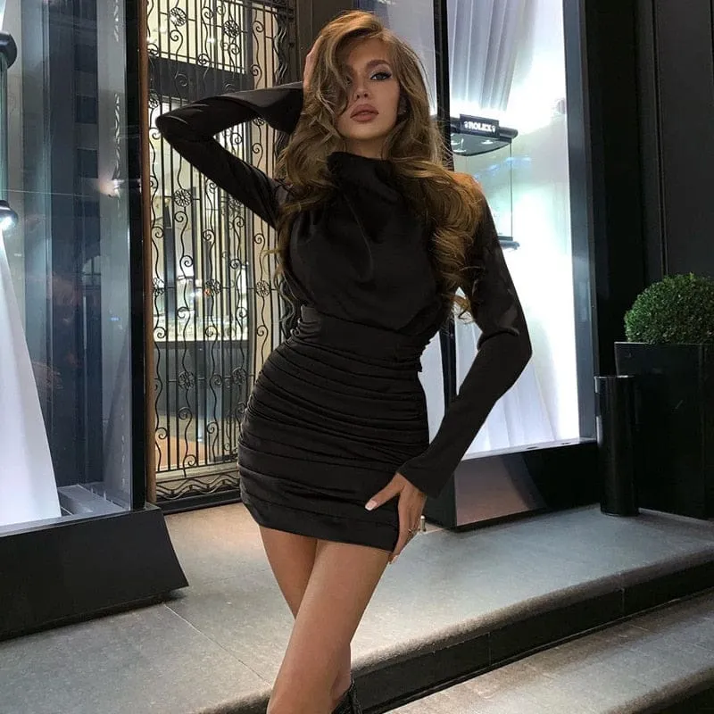 Women's New Long Sleeves Pleated Waist Collection Dress