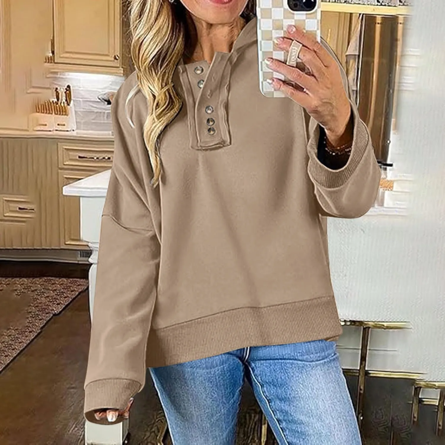 Womens Oversized Hoodies Trendy Loose Button v Neck Hooded Pullover Sweatshirt Fall Outfits 2024 Preppy Clothes