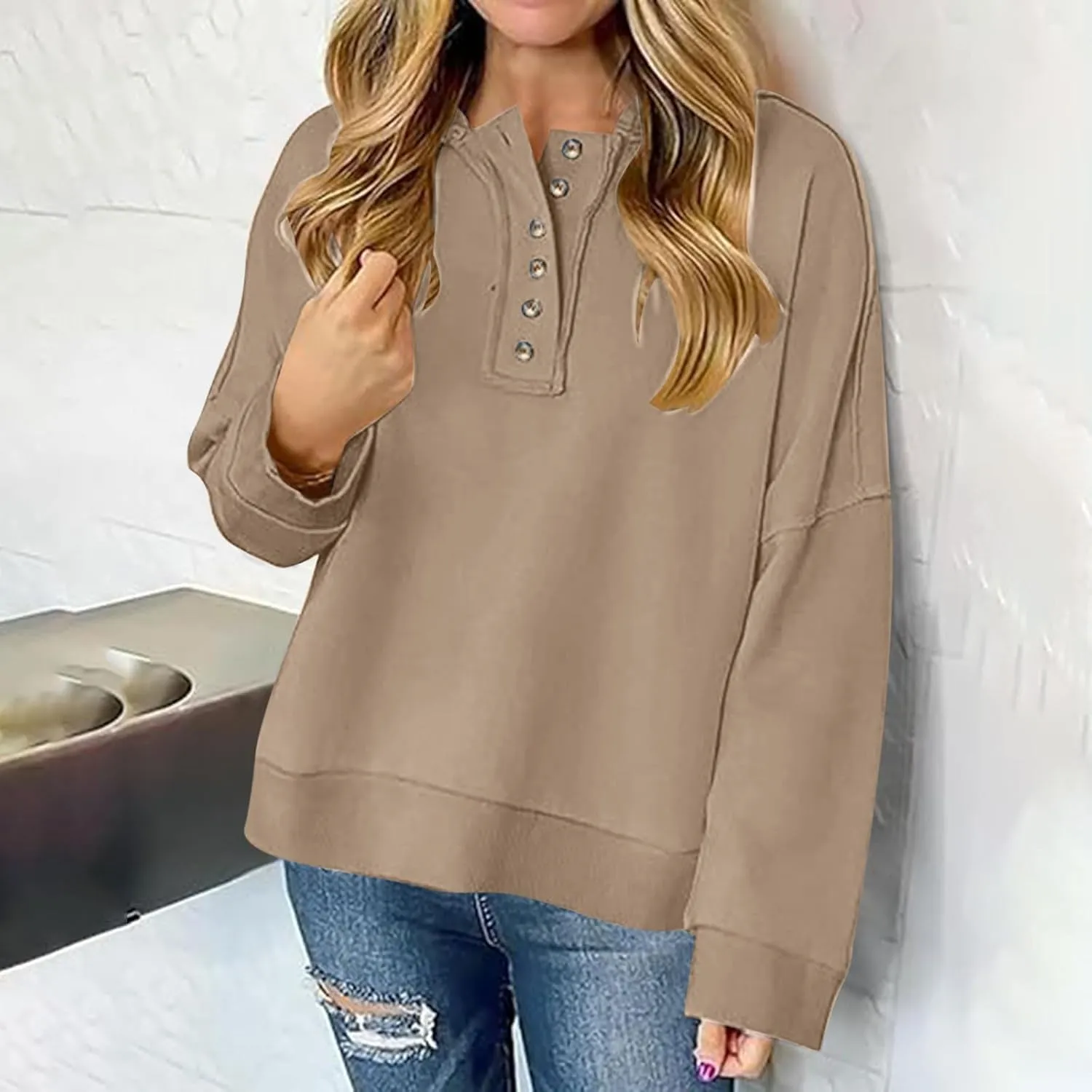 Womens Oversized Hoodies Trendy Loose Button v Neck Hooded Pullover Sweatshirt Fall Outfits 2024 Preppy Clothes
