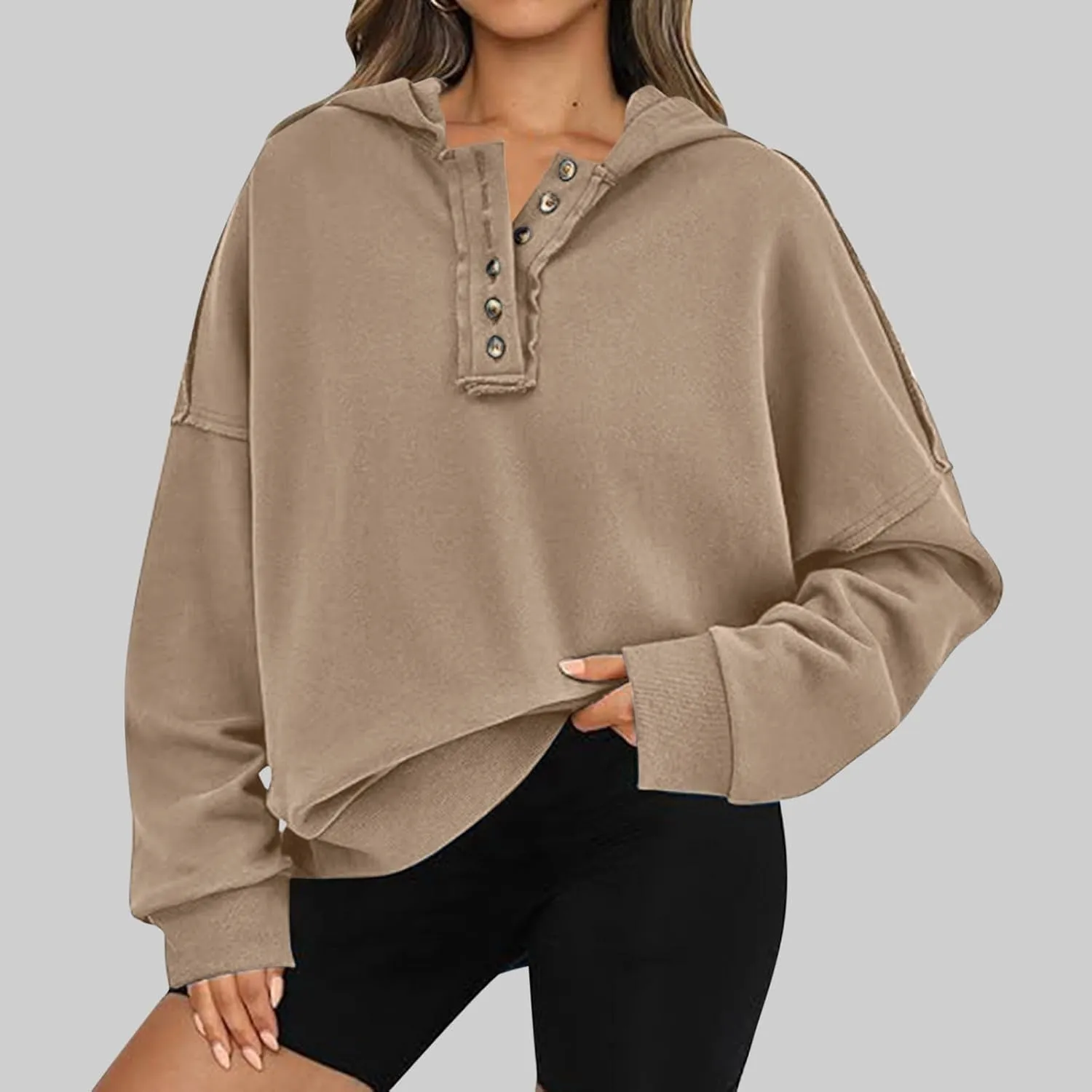 Womens Oversized Hoodies Trendy Loose Button v Neck Hooded Pullover Sweatshirt Fall Outfits 2024 Preppy Clothes