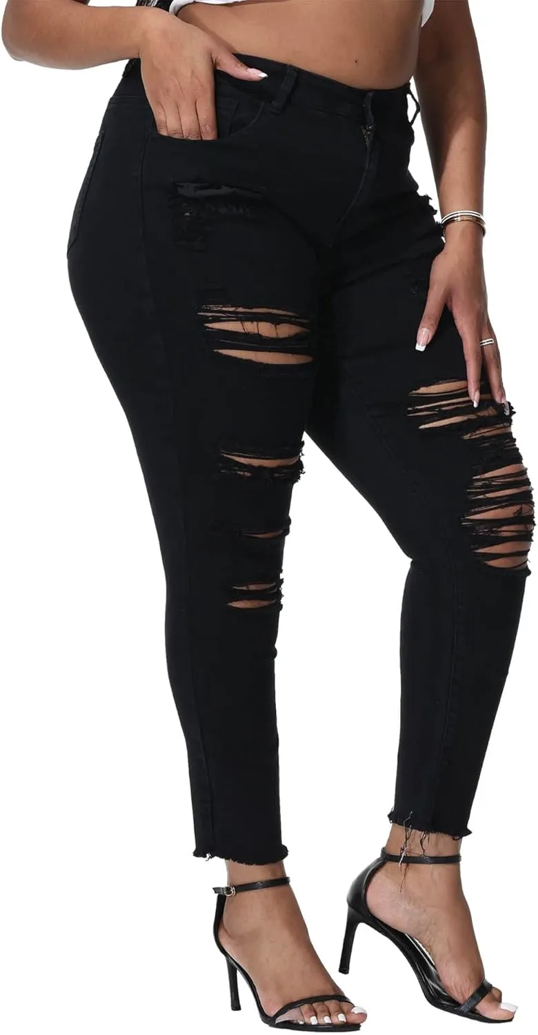 Womens Plus Size Skinny Jeans Stretchy High Waisted Ripped Distressed Ankle Jean