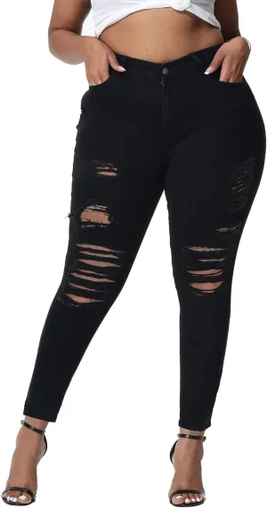 Womens Plus Size Skinny Jeans Stretchy High Waisted Ripped Distressed Ankle Jean