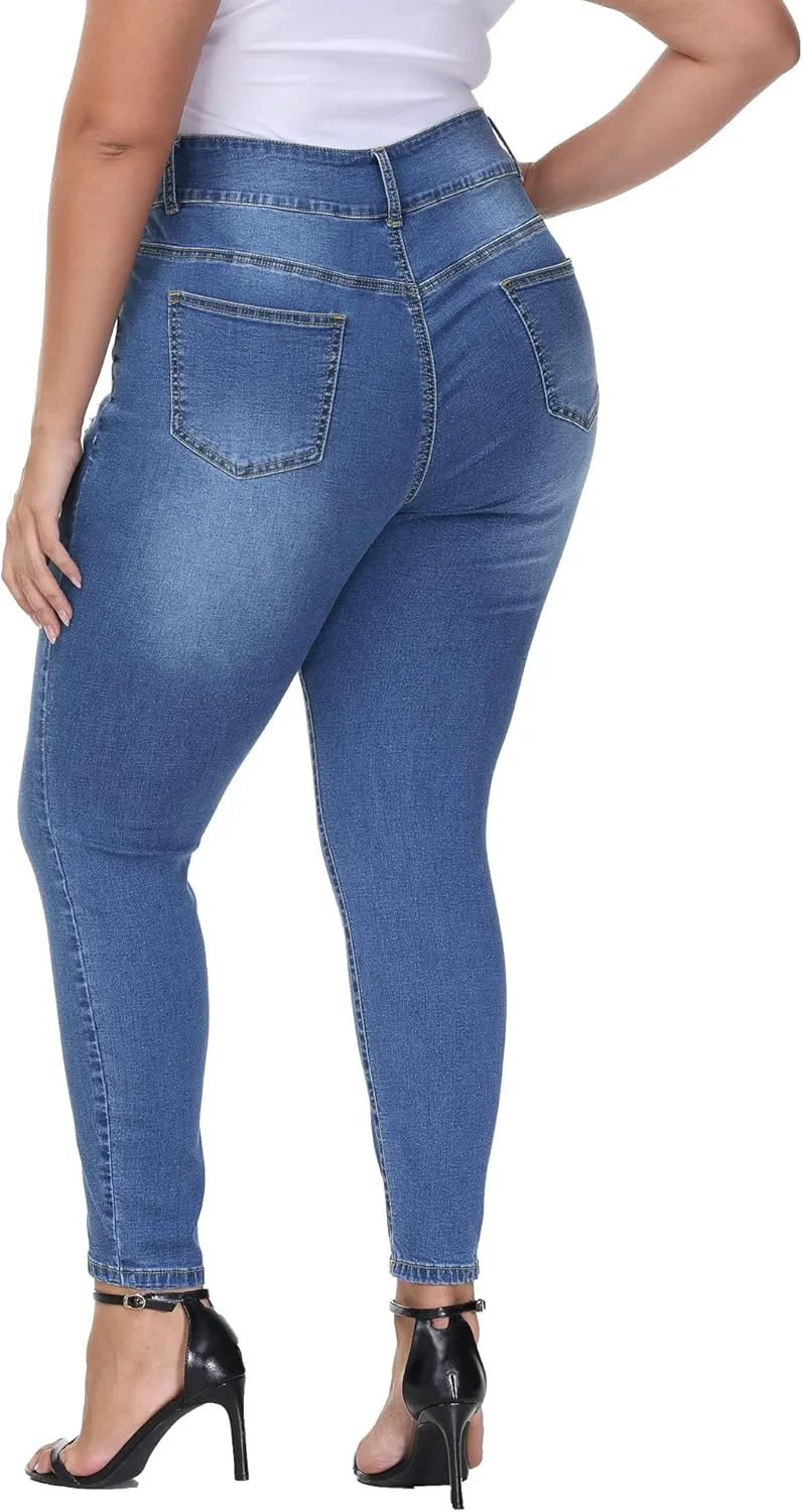 Womens Plus Size Skinny Jeans Stretchy High Waisted Ripped Distressed Ankle Jean