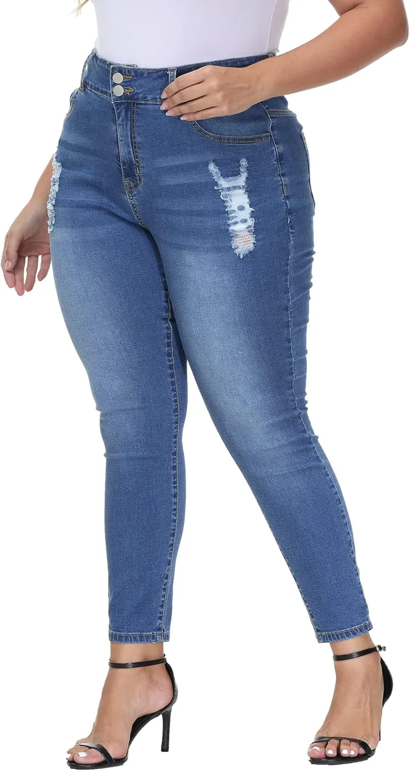 Womens Plus Size Skinny Jeans Stretchy High Waisted Ripped Distressed Ankle Jean
