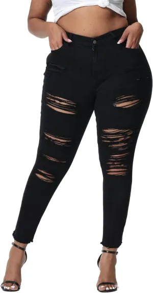 Womens Plus Size Skinny Jeans Stretchy High Waisted Ripped Distressed Ankle Jean