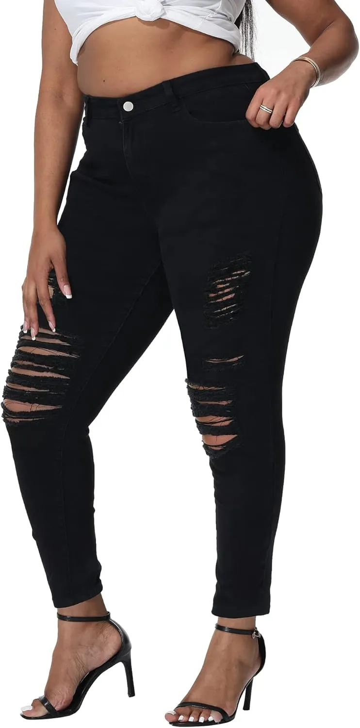 Womens Plus Size Skinny Jeans Stretchy High Waisted Ripped Distressed Ankle Jean