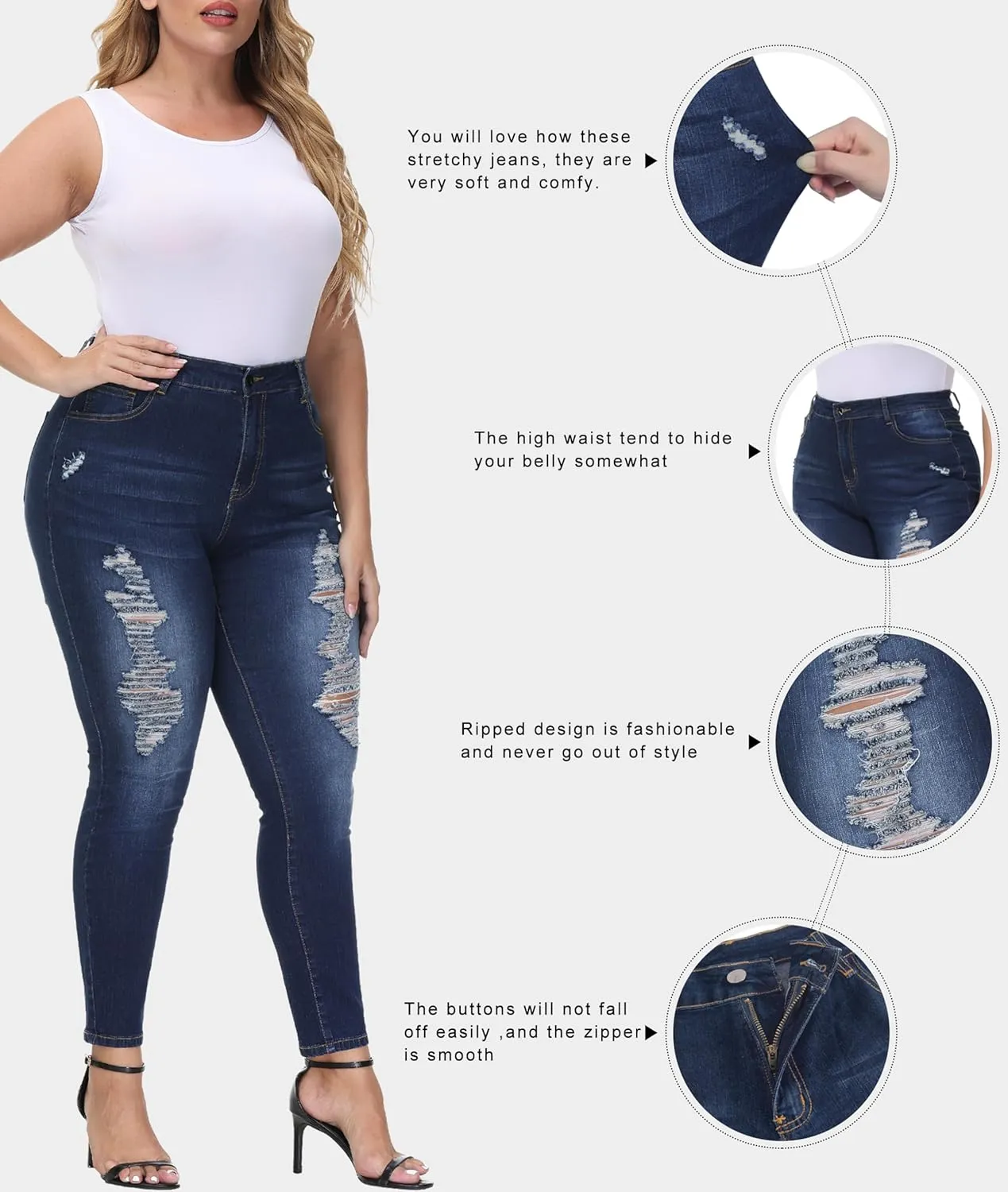 Womens Plus Size Skinny Jeans Stretchy High Waisted Ripped Distressed Ankle Jean
