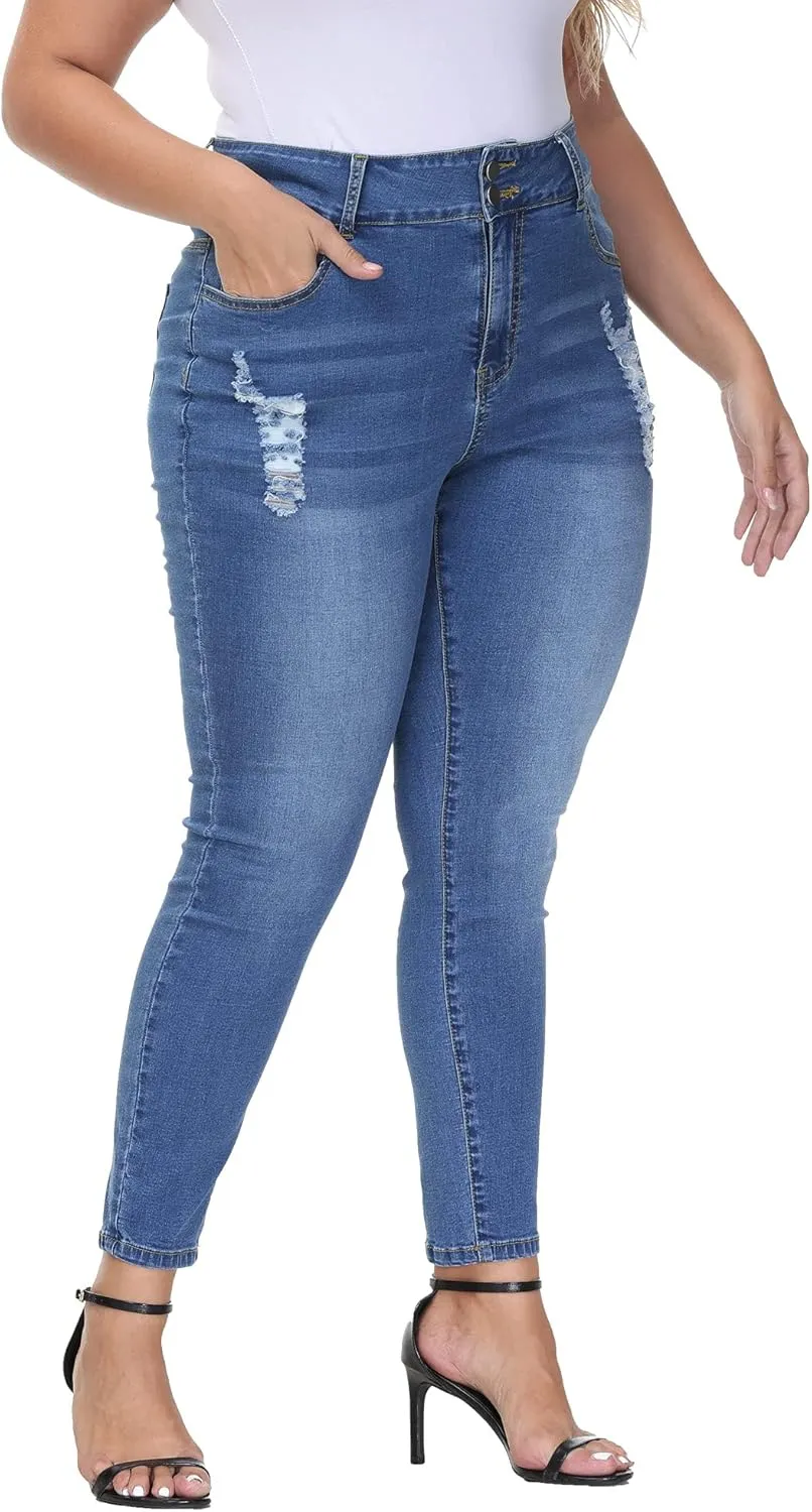Womens Plus Size Skinny Jeans Stretchy High Waisted Ripped Distressed Ankle Jean
