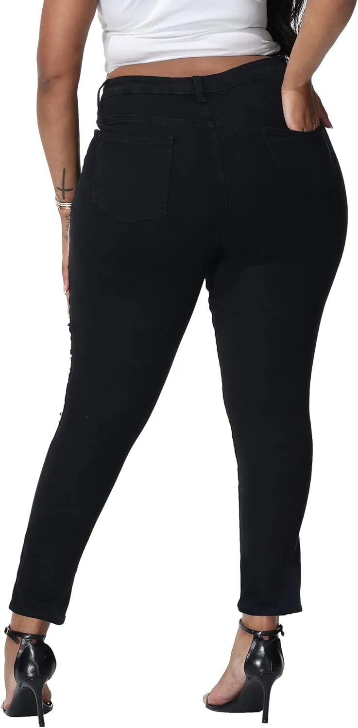 Womens Plus Size Skinny Jeans Stretchy High Waisted Ripped Distressed Ankle Jean