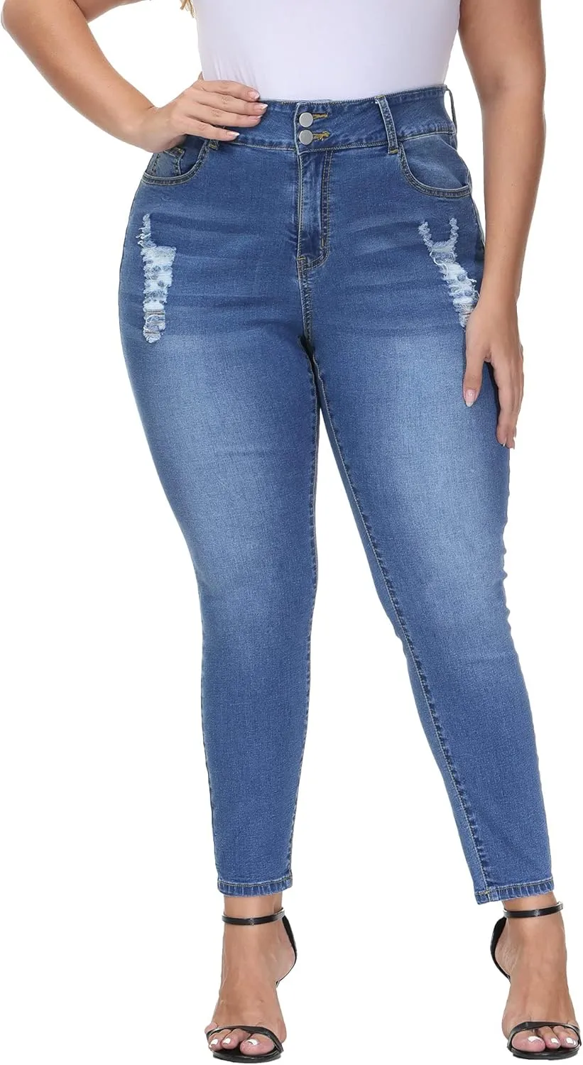 Womens Plus Size Skinny Jeans Stretchy High Waisted Ripped Distressed Ankle Jean