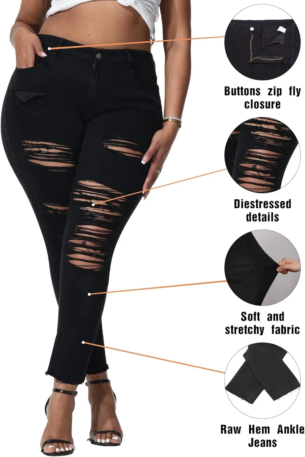 Womens Plus Size Skinny Jeans Stretchy High Waisted Ripped Distressed Ankle Jean