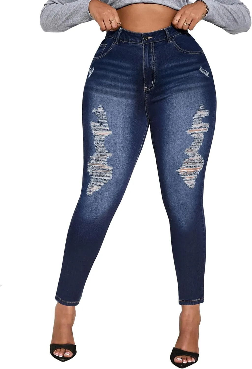 Womens Plus Size Skinny Jeans Stretchy High Waisted Ripped Distressed Ankle Jean