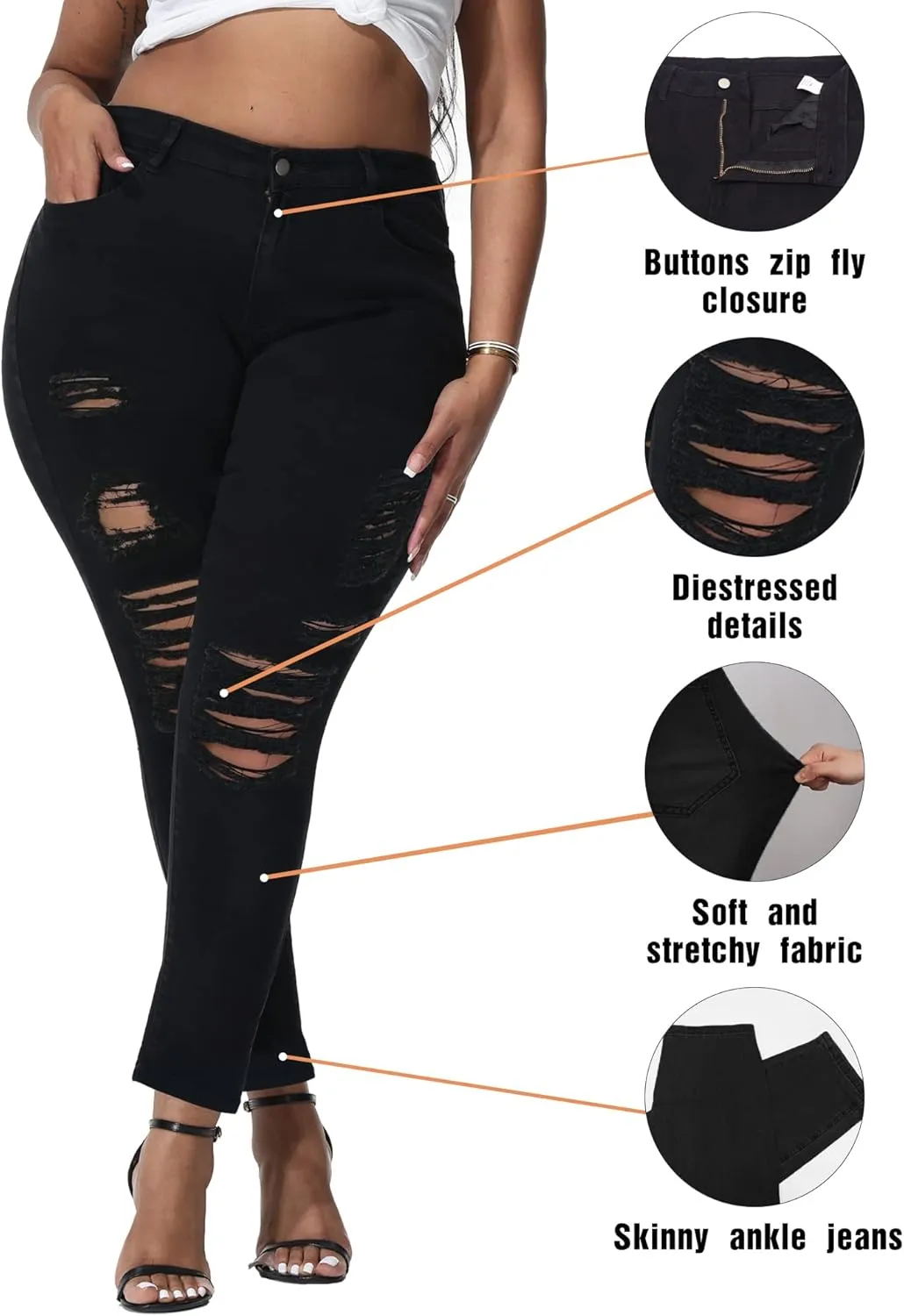 Womens Plus Size Skinny Jeans Stretchy High Waisted Ripped Distressed Ankle Jean