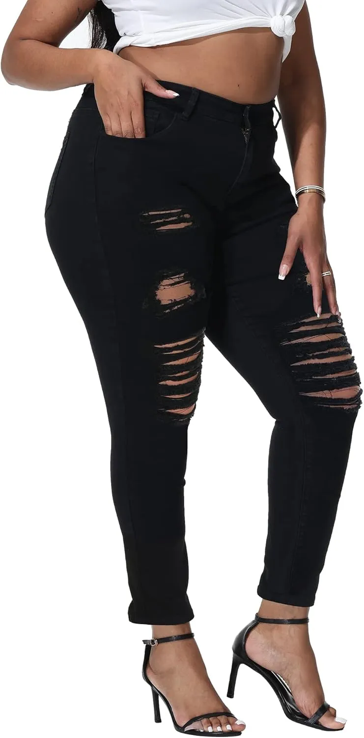 Womens Plus Size Skinny Jeans Stretchy High Waisted Ripped Distressed Ankle Jean
