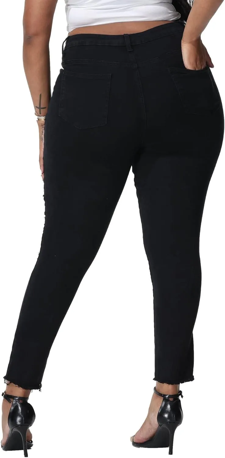 Womens Plus Size Skinny Jeans Stretchy High Waisted Ripped Distressed Ankle Jean