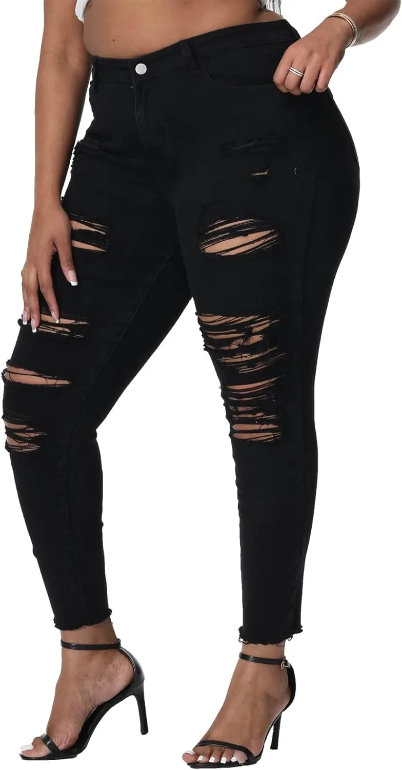 Womens Plus Size Skinny Jeans Stretchy High Waisted Ripped Distressed Ankle Jean