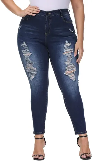 Womens Plus Size Skinny Jeans Stretchy High Waisted Ripped Distressed Ankle Jean